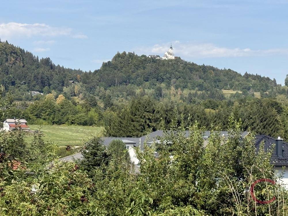 Panoramablick auf eine bewaldete Hügellandschaft mit einer Kirche auf dem Gipfel.