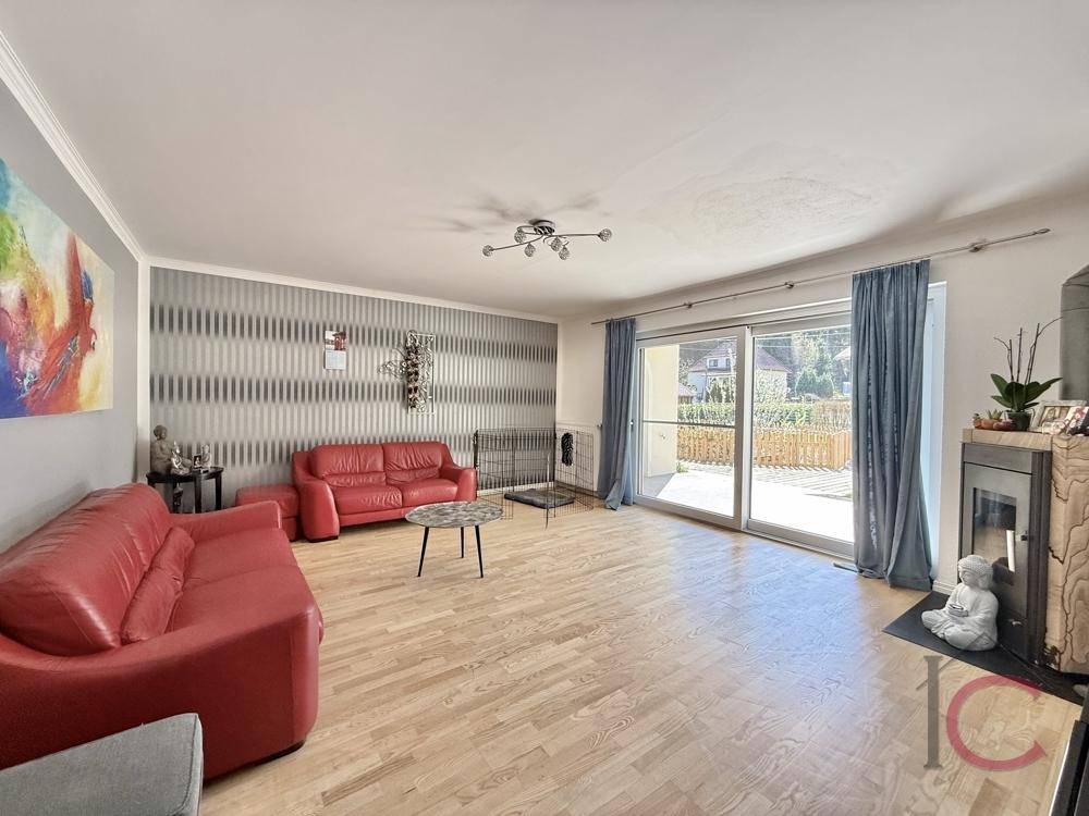 Geräumiges Wohnzimmer mit roten Ledersofas, modernem Kamin und großem Terrassenzugang für viel Licht.