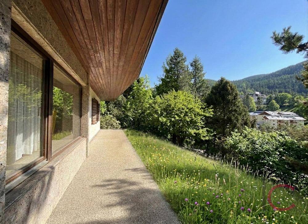 Seitenansicht des Hauses mit einem gepflasterten Weg und üppiger Vegetation.