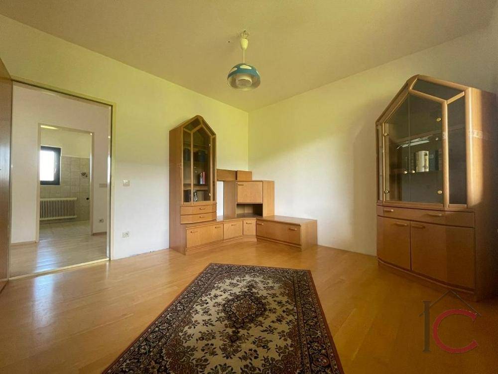 Geräumiges Zimmer mit Holzvitrinen und Teppich, vielseitig nutzbar als Wohn- oder Essbereich.