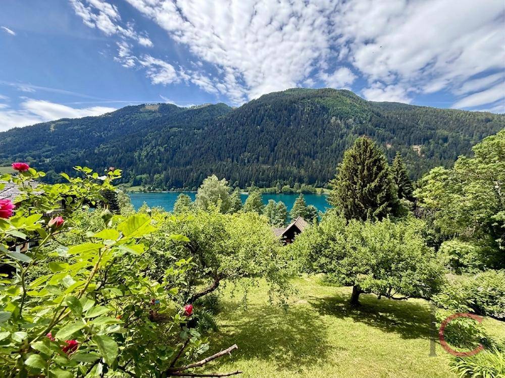 Gepflegter Garten mit Obstbäumen und Rosen, bietet einen malerischen Seeblick.
