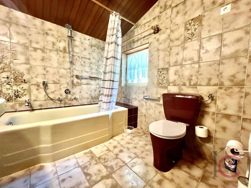 Badezimmer mit Badewanne, Dusche und traditionellen Fliesen in Erdtönen.