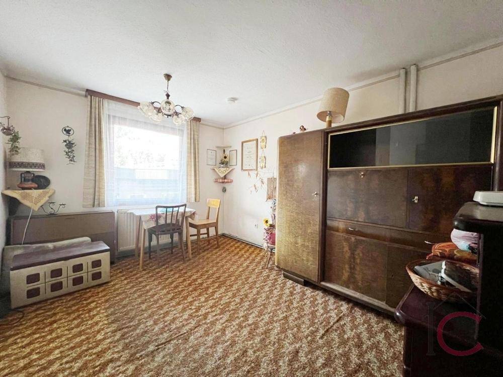 Gemütliches Wohnzimmer im Vintage-Stil mit Teppichboden, älteren Möbeln und natürlichem Lichteinfall.