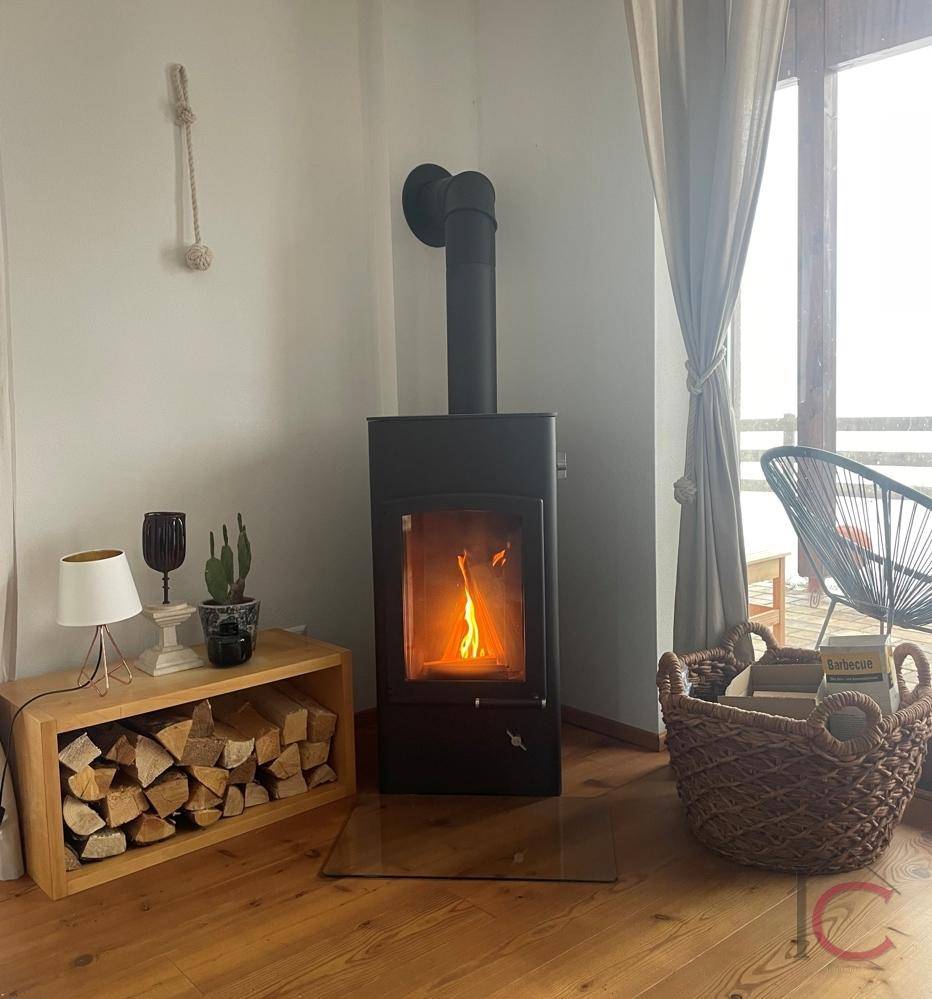 Gemütlicher Kaminofen mit Holzscheiten, der Wärme und Atmosphäre in den Wohnraum bringt.