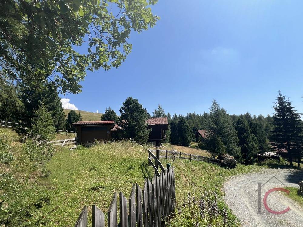 Weitläufige alpine Landschaft mit mehreren Holzhäusern und üppiger Vegetation unter blauem Himmel.