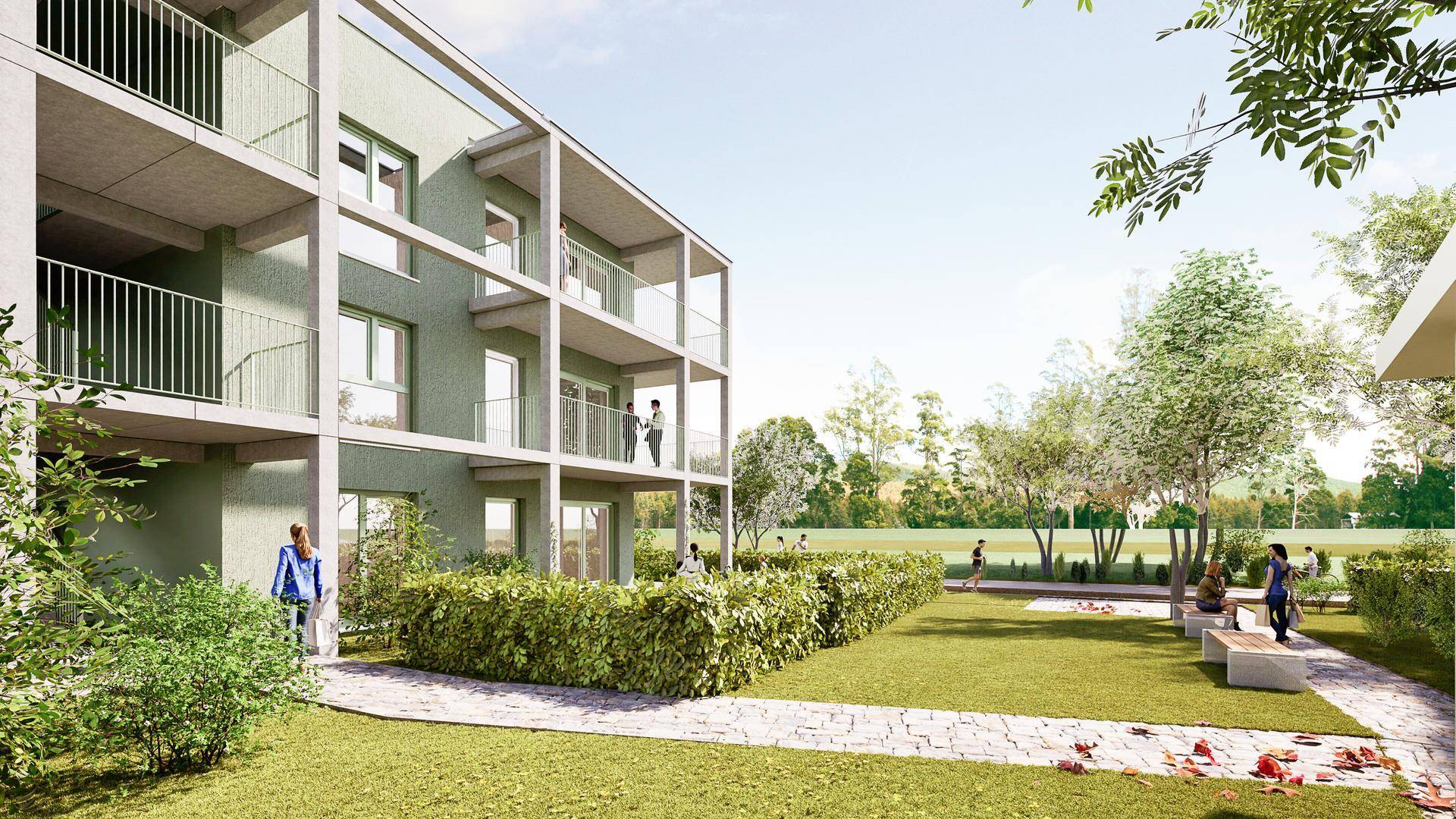 Außenansicht eines modernen Wohngebäudes mit gepflegtem Gartenbereich und Sitzgelegenheiten.