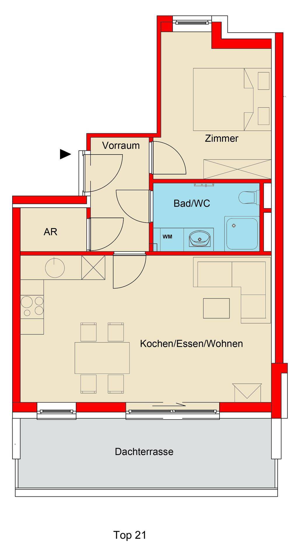 Übersichtlicher Grundriss einer Wohnung mit offenem Wohnbereich, Schlafzimmer und Dachterrasse.