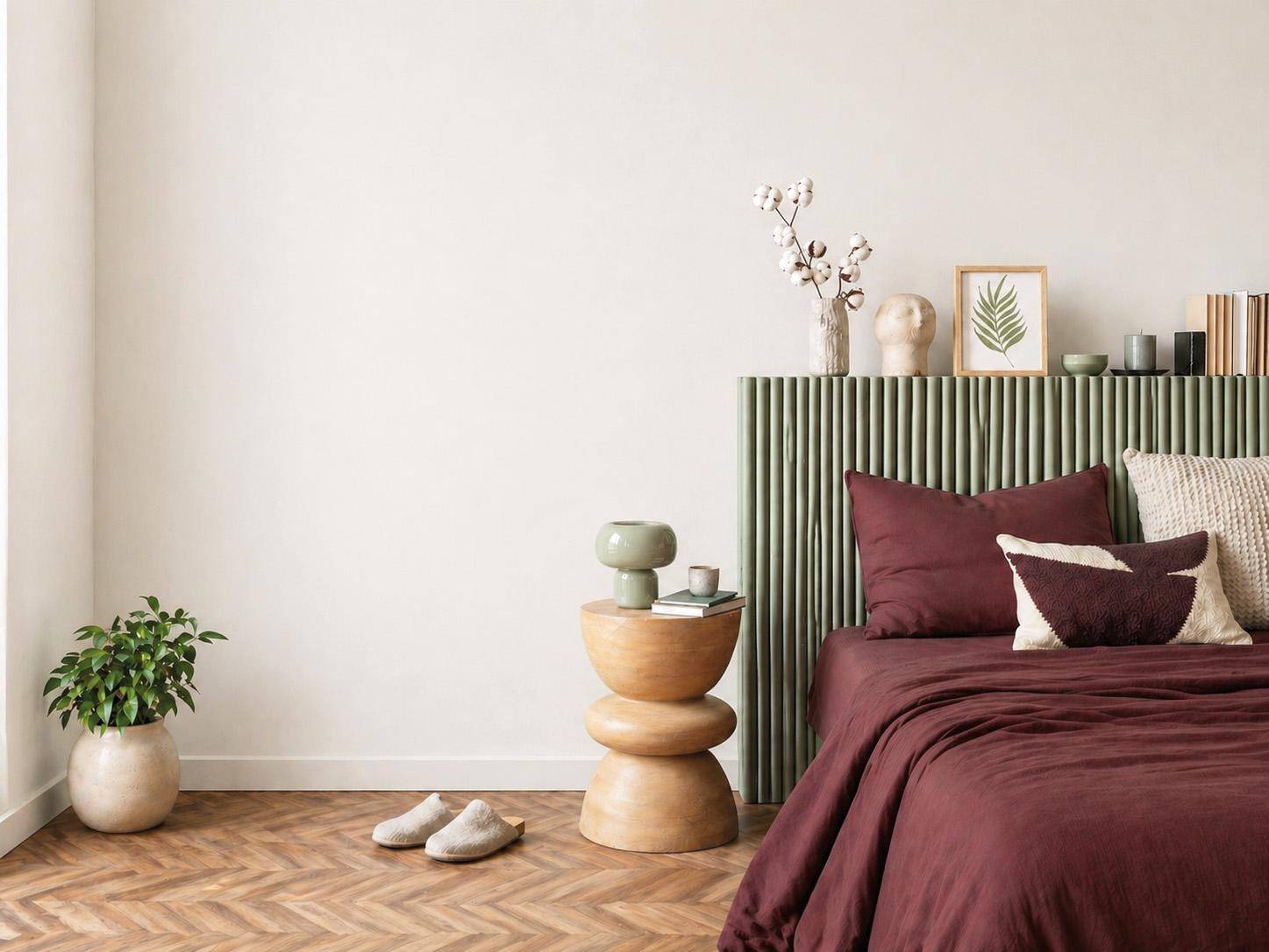 Modernes Schlafzimmer mit Fischgrätparkett, minimalistischer Einrichtung und einem grünen Kopfteil.