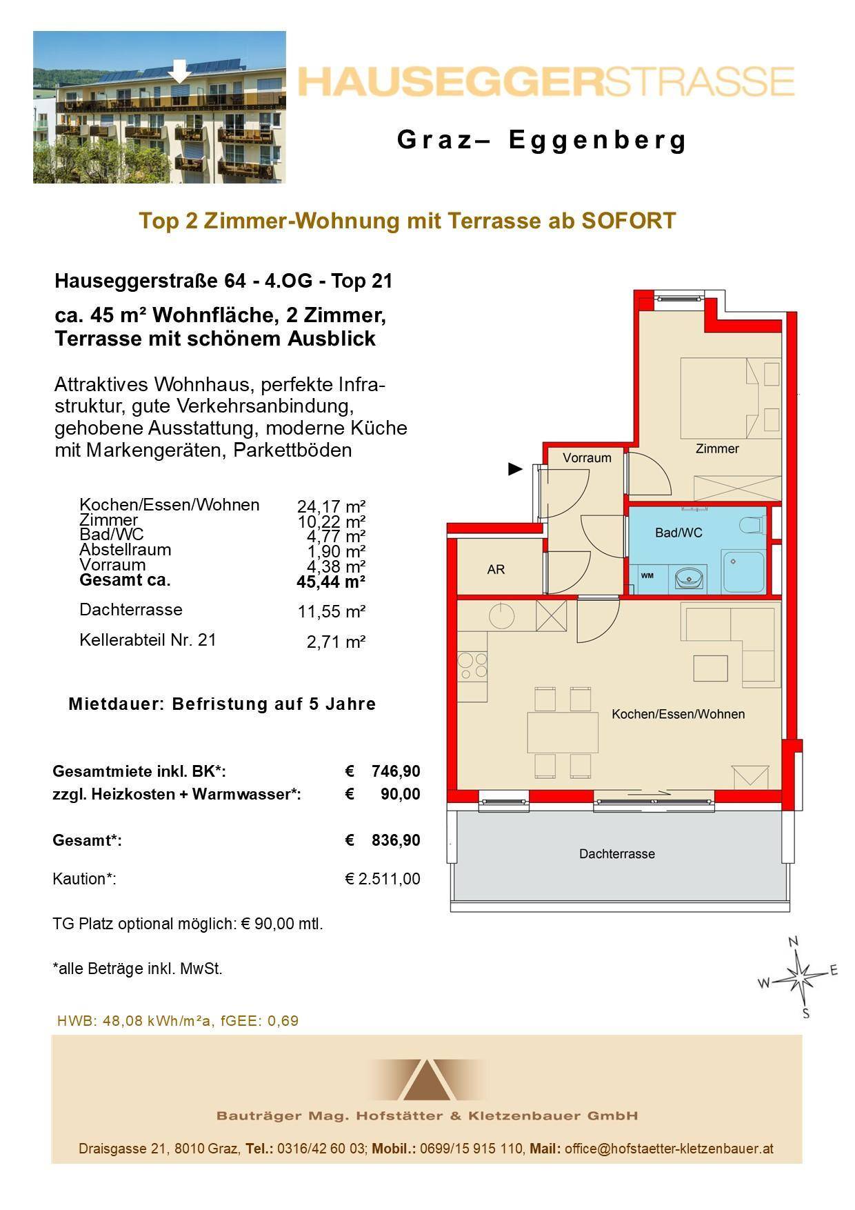 Detaillierter Grundriss einer 2-Zimmer-Wohnung mit Dachterrasse und allen Raummaßen.