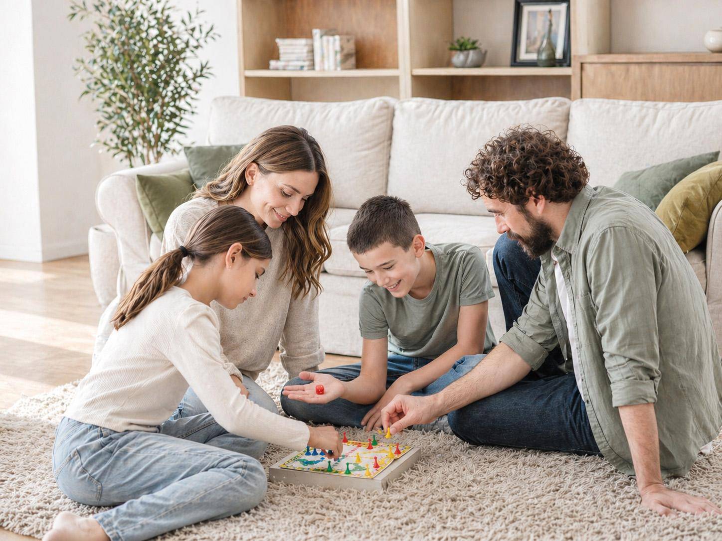 Gemütliches Wohnzimmer mit einer Familie, die auf einem Teppichboden ein Brettspiel spielt, umgeben von bequemen Sofas.
