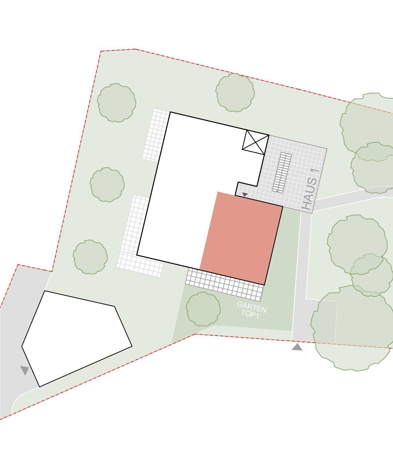 Übersichtsplan des Grundstücks mit Gebäudegrundriss und angrenzendem Gartenbereich.