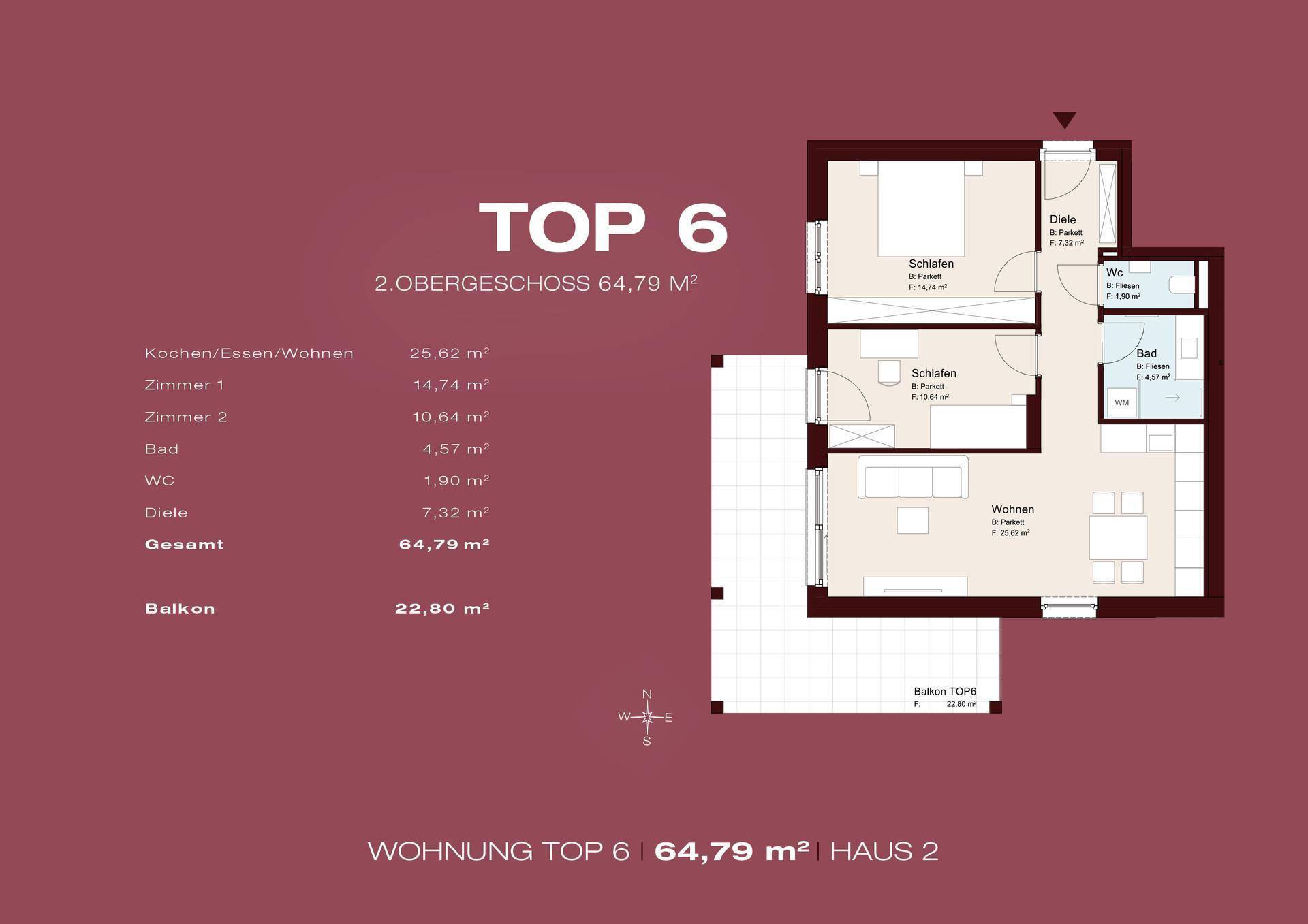 Grundriss der Wohnung TOP 6 im 2. Obergeschoss mit 64,79 m² und großem Balkon.