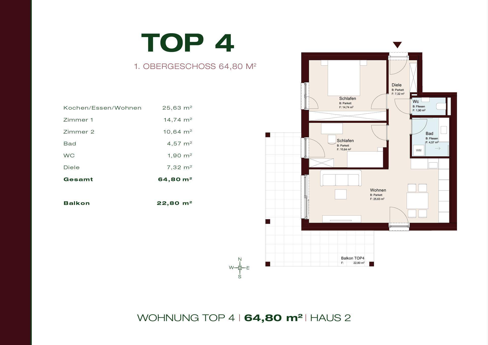 Grundriss der Wohnung TOP 4 im Obergeschoss mit 64,80 m² Wohnfläche und Balkon.