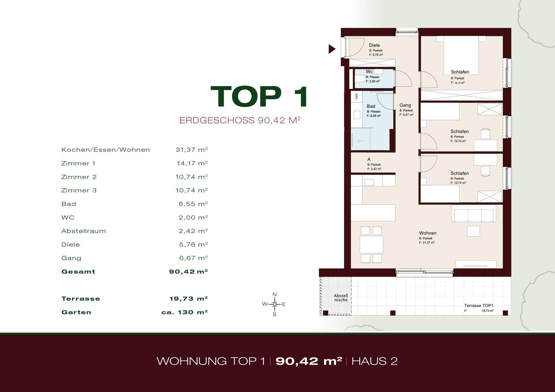 Grundriss der Erdgeschosswohnung TOP 1 mit 90,42 m² Wohnfläche und Terrasse.