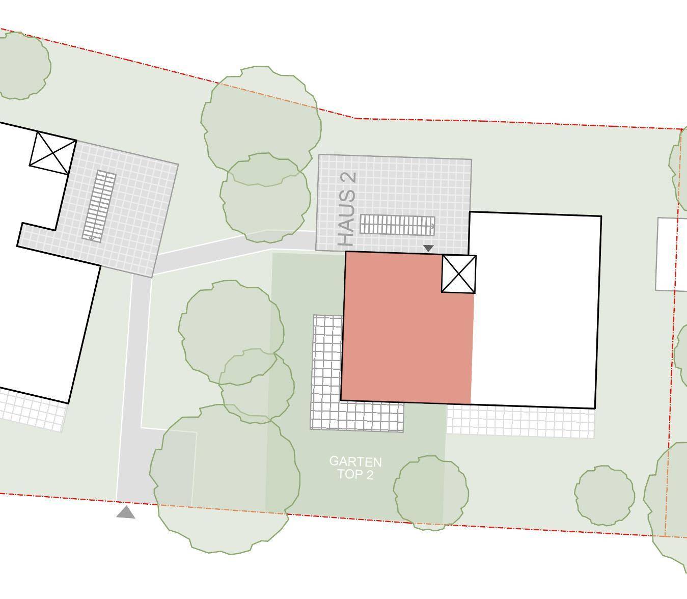 Lageplan des Hauses 2 mit eingezeichnetem Gartenanteil für die Wohnung TOP 2 und umliegenden Grünflächen.