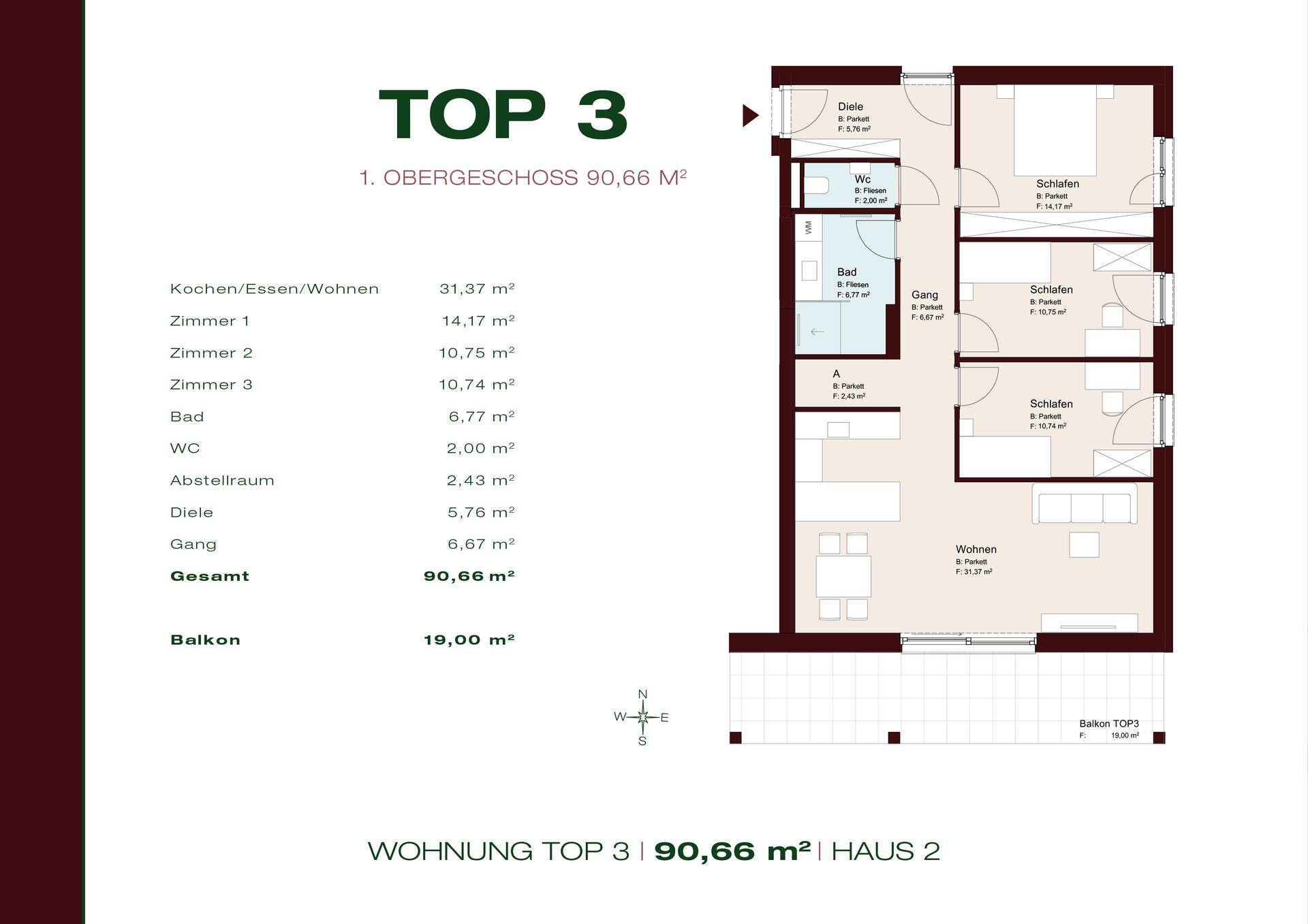 Grundriss der Wohnung TOP 3 im ersten Obergeschoss mit 90,66 m² Wohnfläche und Balkon.