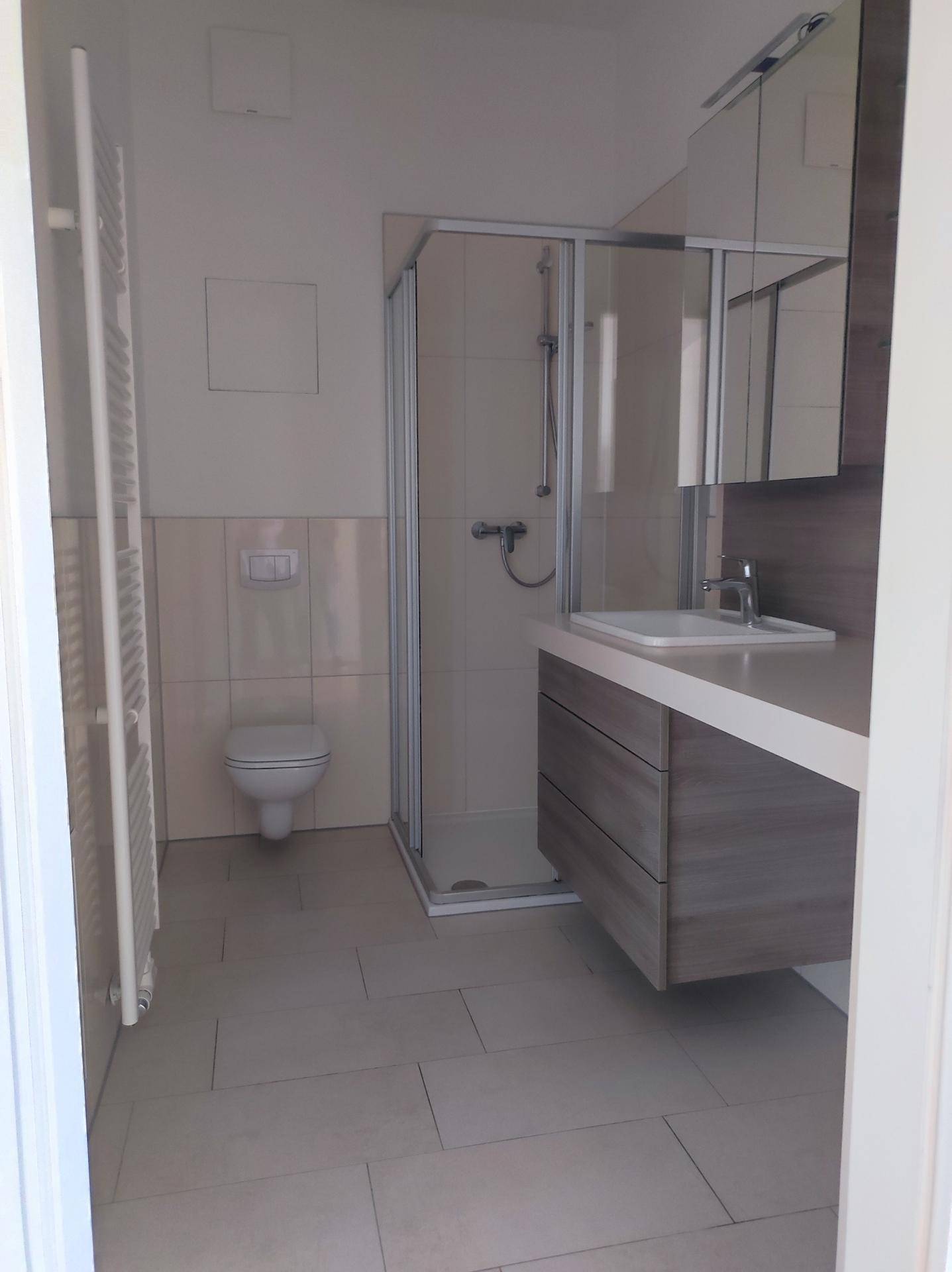 Modernes Badezimmer mit Dusche, wandhängendem WC, Waschbecken und beheiztem Handtuchhalter.
