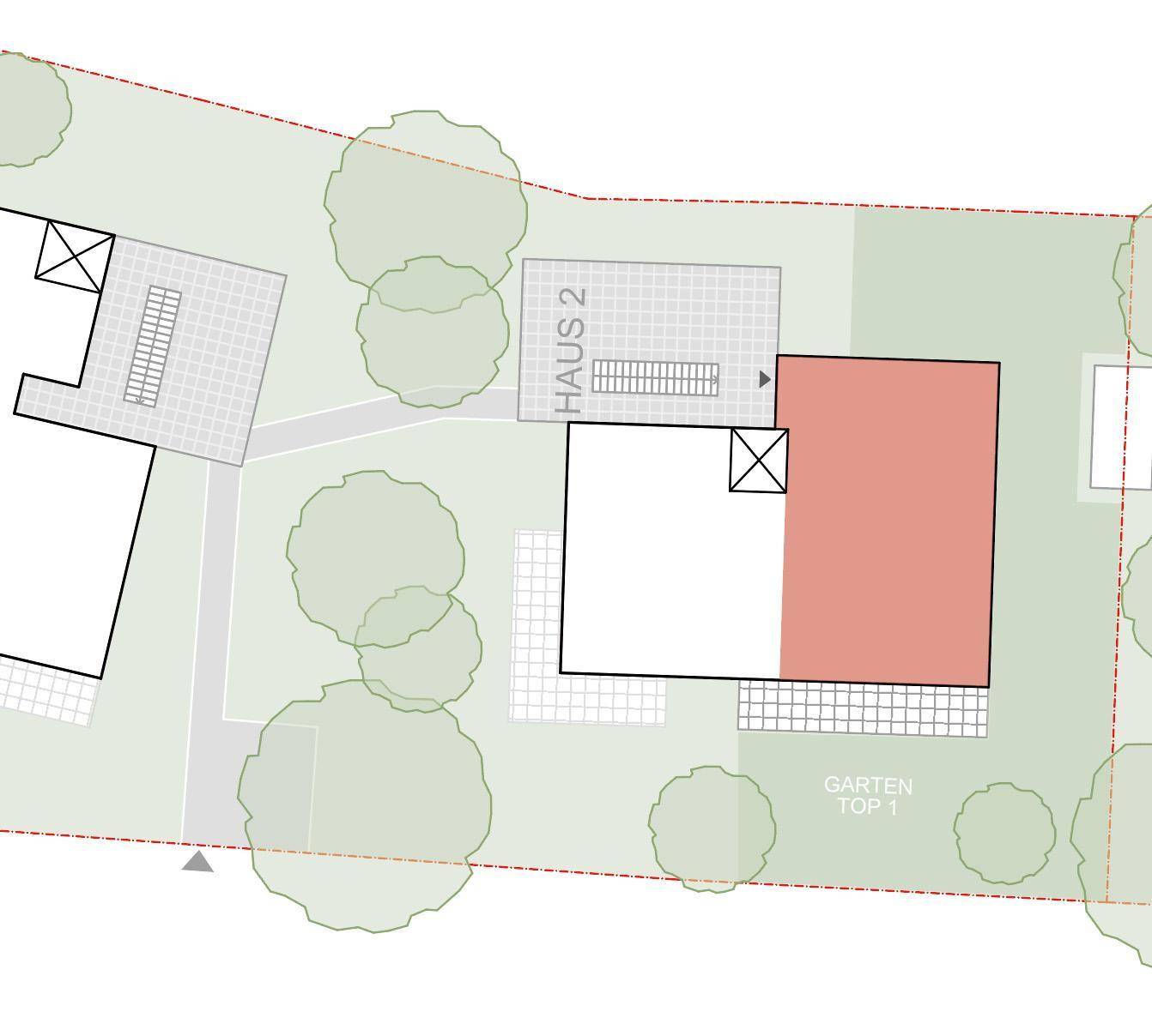 Übersichtsplan des Grundstücks mit Gebäudegrundrissen und Gartenbereichen.