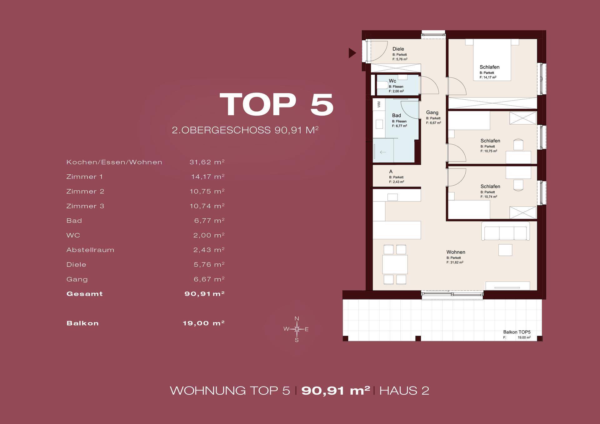 Detaillierter Grundriss der Wohnung TOP 5 mit drei Schlafzimmern und Balkon.