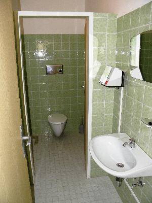 Kleines Gäste-WC mit grünen Fliesen, Waschbecken und Toilette, in gutem Zustand.