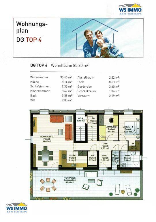 Detaillierter Wohnungsplan DG TOP 4 mit 85,80 m² Wohnfläche und großer Terrasse.