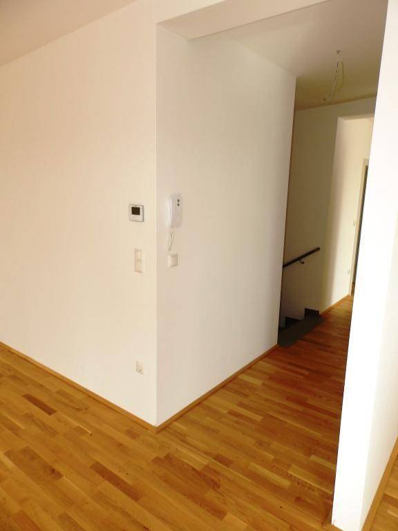 Heller Eingangsbereich mit Parkettboden und Gegensprechanlage, modern und einladend.