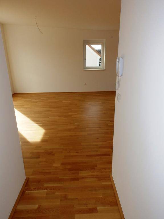 Heller Eingangsbereich mit Parkettboden und Blick in den Wohnbereich.