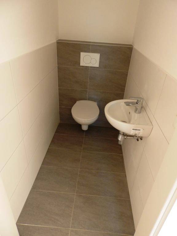 Separates Gäste-WC mit Wand-WC, kleinem Waschbecken und modernen Fliesen.