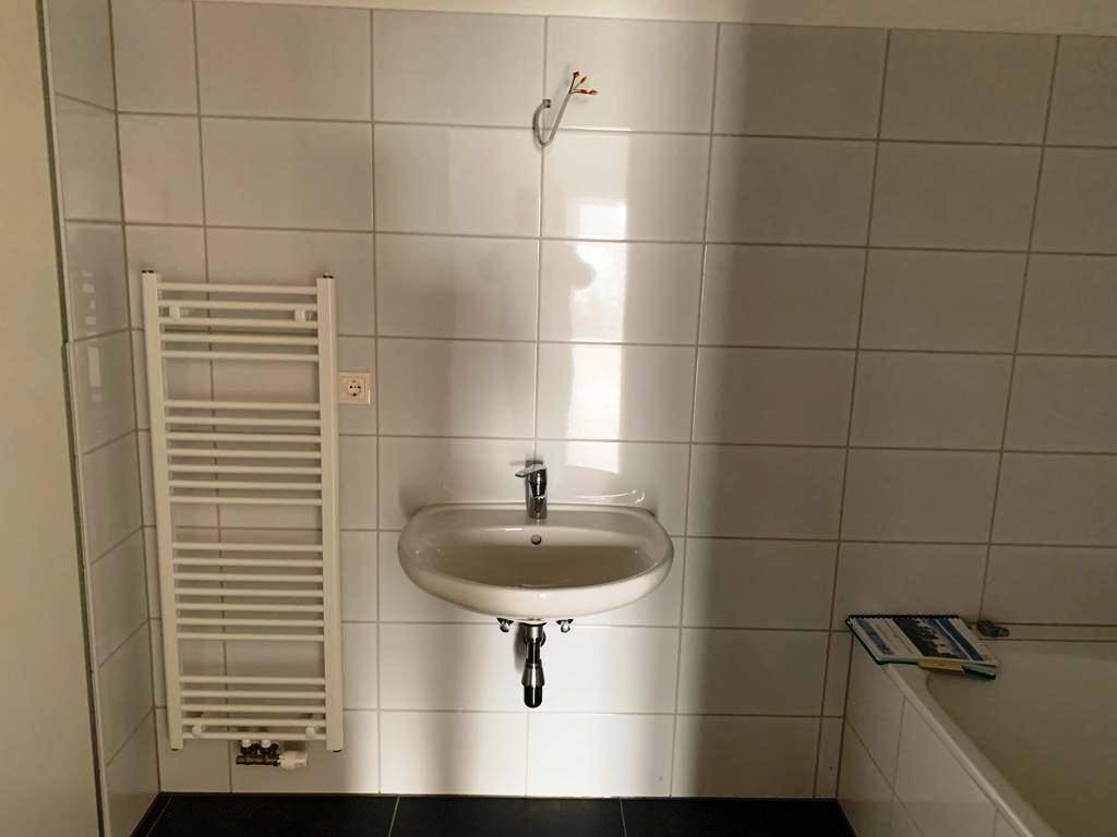 Badezimmer mit einem Waschbecken und einem praktischen Handtuchheizkörper an der Wand.