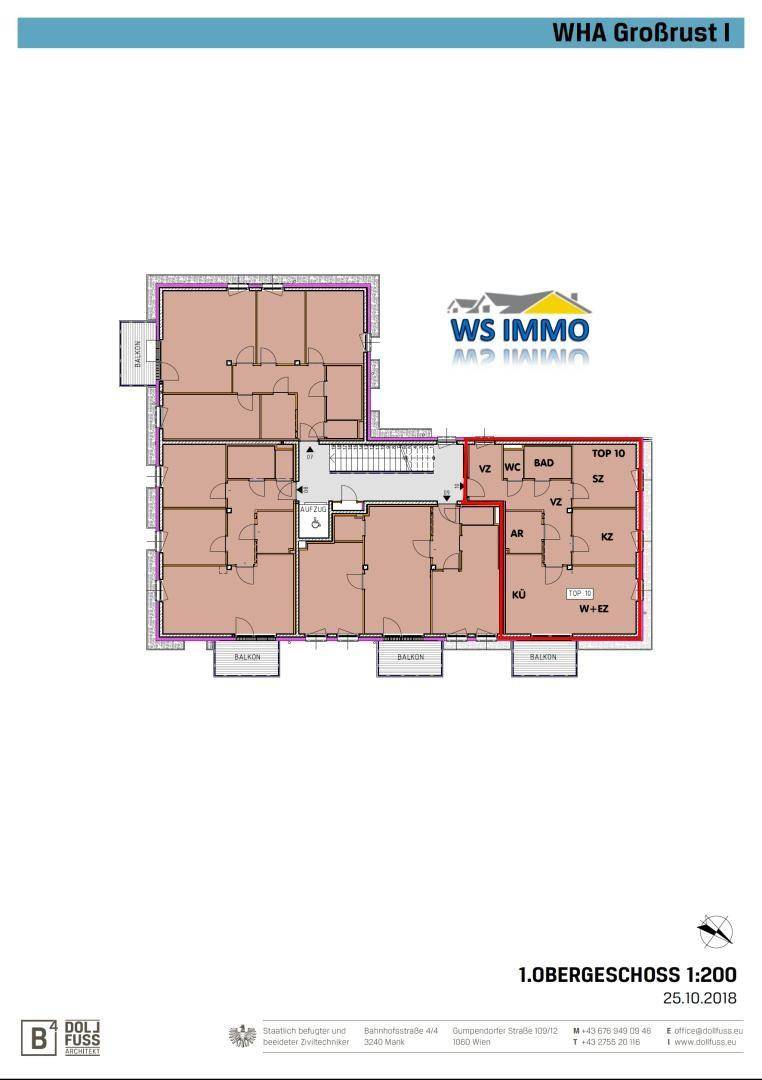 Grundriss des 1. Obergeschosses mit mehreren Wohneinheiten, inklusive einer hervorgehobenen Einheit mit Balkon.