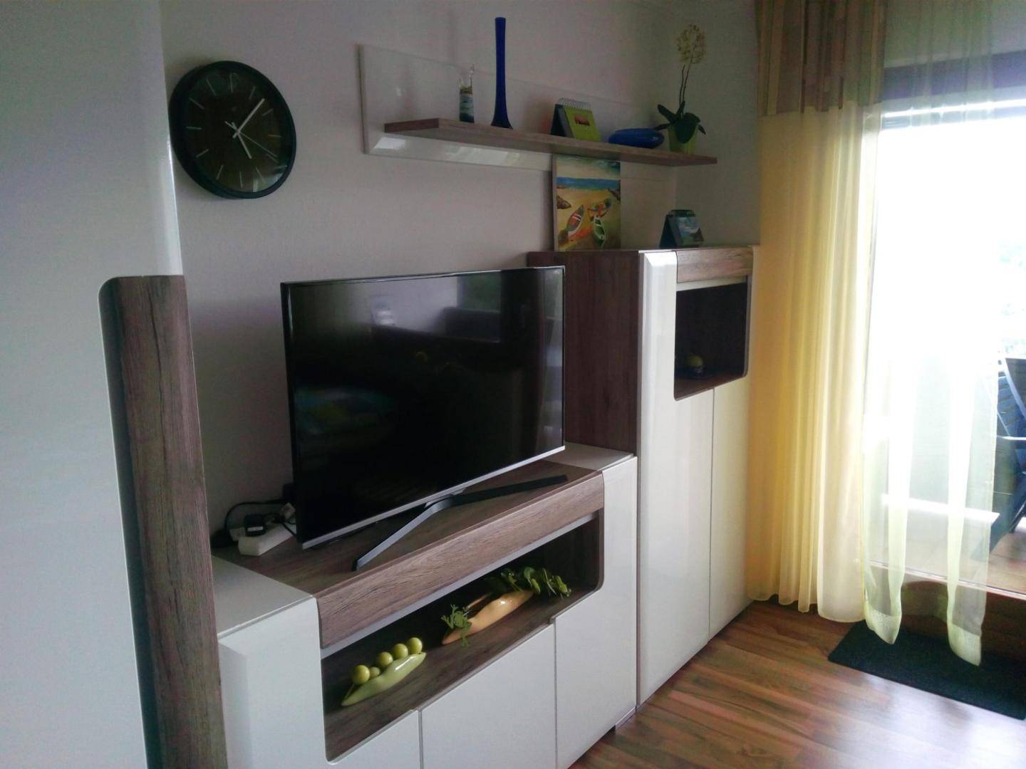 Wohnbereich mit modernem TV-Möbel, Holzboden und Zugang zu einem Außenbereich.