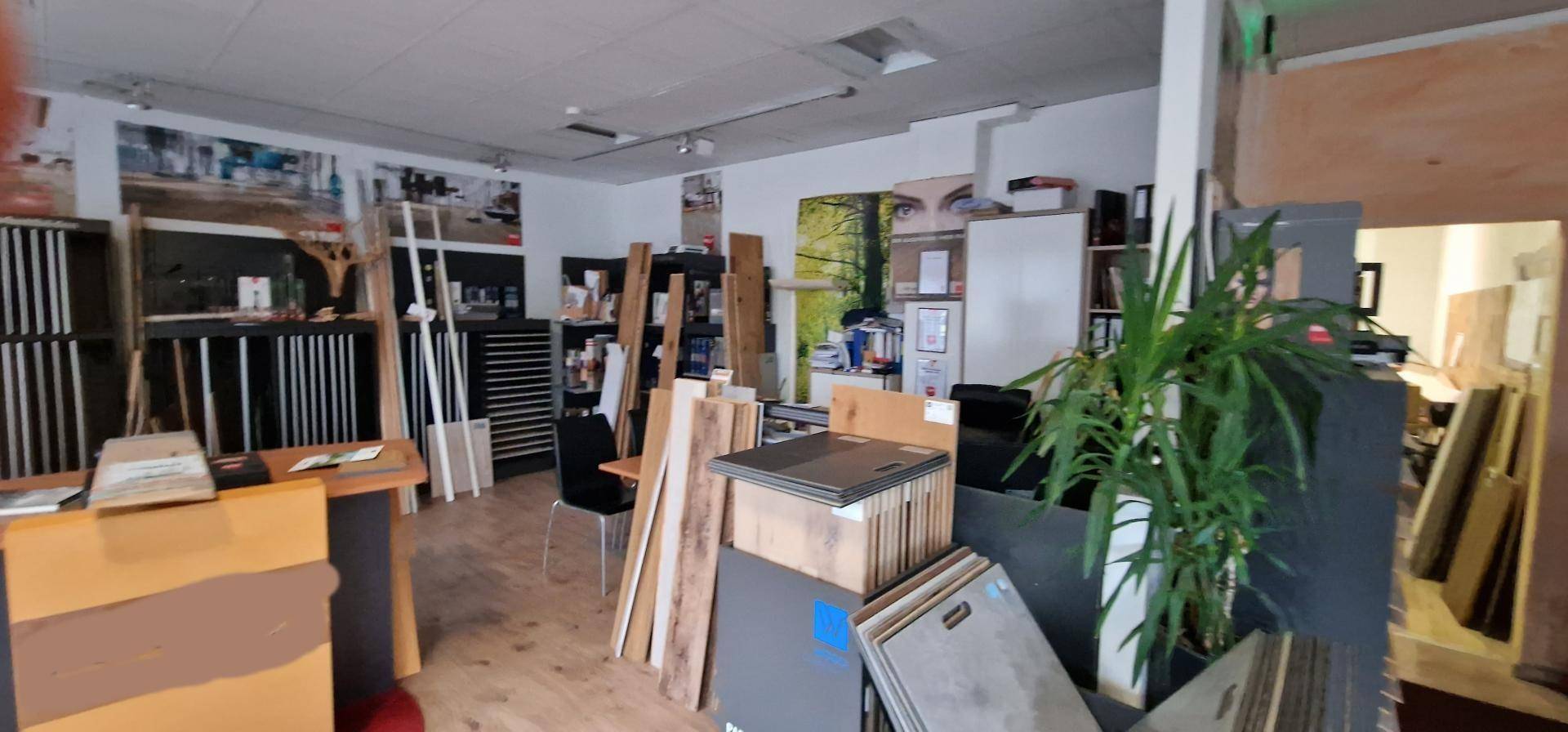 Blick in einen Ausstellungsraum mit vielfältigen Bodenbelagsmustern und einer großen Grünpflanze.