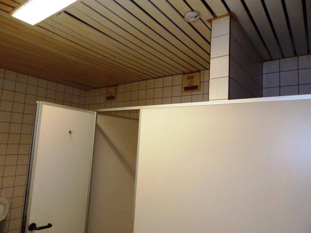 Deckenansicht eines Waschraums mit Holzpaneelen, Beleuchtung und Trennwänden zwischen den Kabinen.