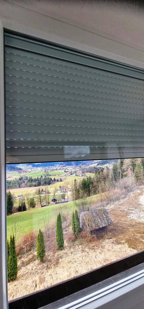 Nahaufnahme eines Fensters mit einem heruntergelassenen Rollladen und Blick ins Grüne.