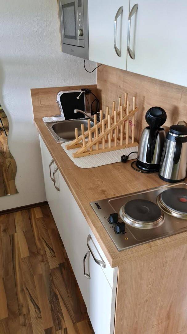 Funktionale Küchenzeile mit Spüle, Kochplatten und Mikrowelle in Holzoptik.