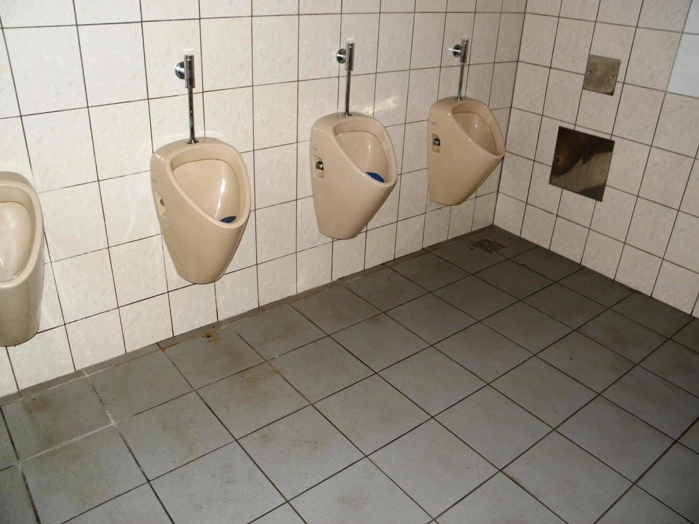 Öffentliche Herrentoilette mit mehreren Urinalen und hellen Fliesen an Wänden und Boden.