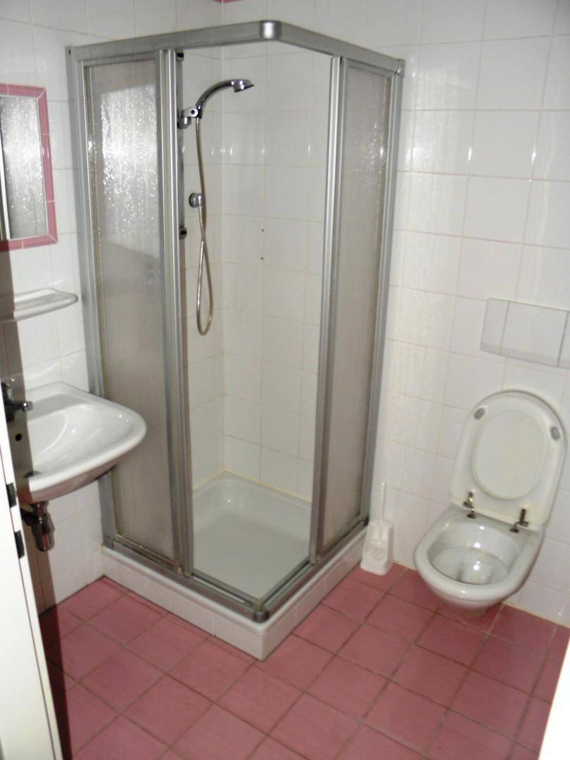 Kleines Badezimmer mit Duschkabine, Waschbecken, Toilette und rosa Bodenfliesen.