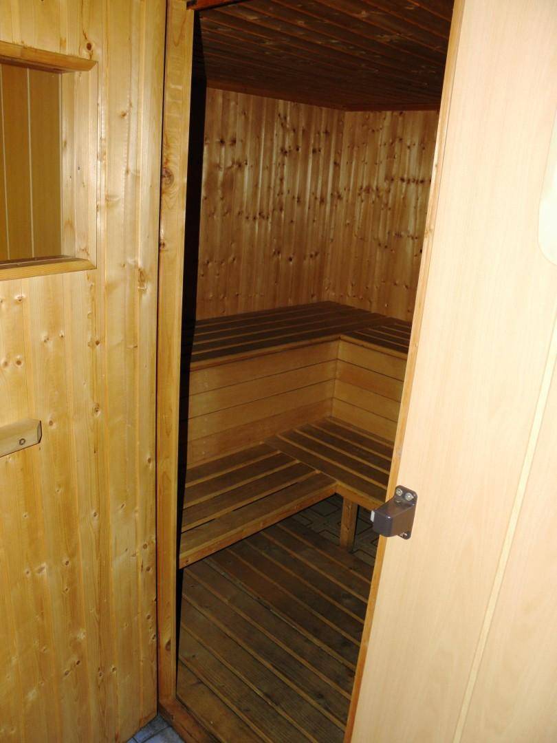 Gemütliche Holzsauna mit mehrstufigen Bänken, bereit zur Entspannung und Erholung.