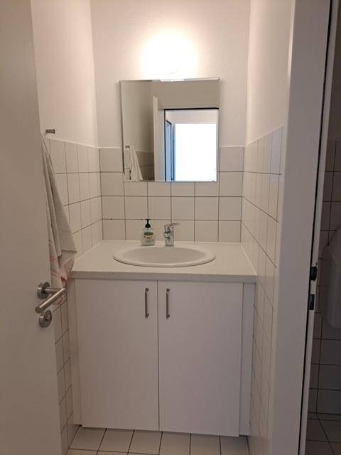 Helles Badezimmer mit Waschbecken, Unterschrank und einem Wandspiegel über den Fliesen.