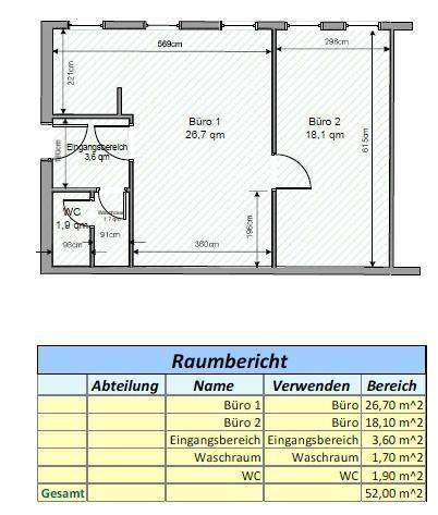 Grundriss mit zwei Büroräumen, Eingangsbereich, Waschraum und WC, inklusive Flächenangaben.