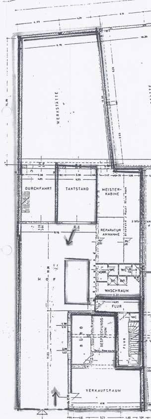 Ausschnitt des Erdgeschoss-Grundrisses mit Werkstatt, Büro und Verkaufsraum.