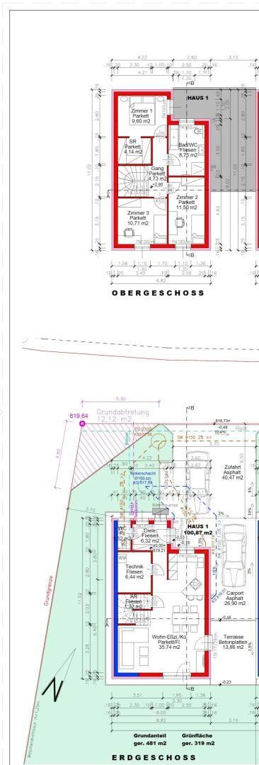 Detaillierter Grundrissplan mit Erdgeschoss und Obergeschoss, inklusive Außenanlagen.