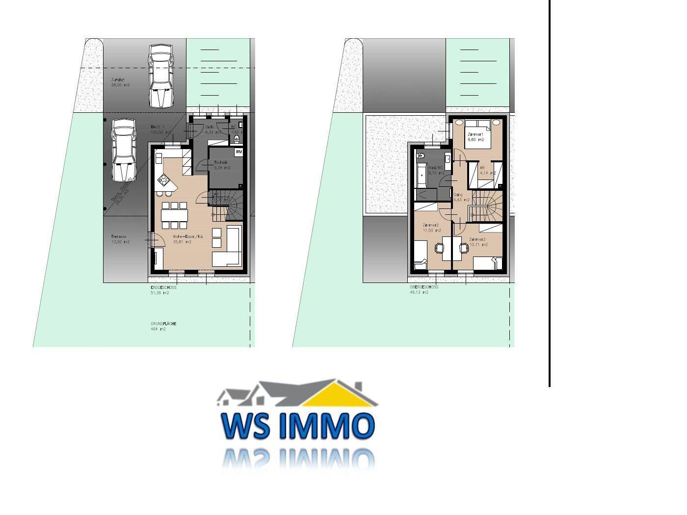 Grundrissplan eines Hauses mit zwei Etagen, Parkplätzen und Gartenbereich.