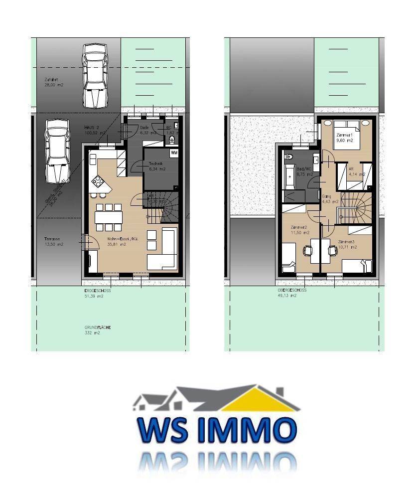 Grundriss eines Hauses über zwei Ebenen mit offenem Wohnbereich, Schlafzimmern und Parkplätzen.