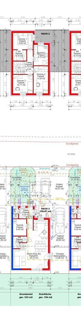 Detaillierter Grundriss von Reihenhäusern mit Erd- und Obergeschoss, inklusive Carport und Stellplätzen.