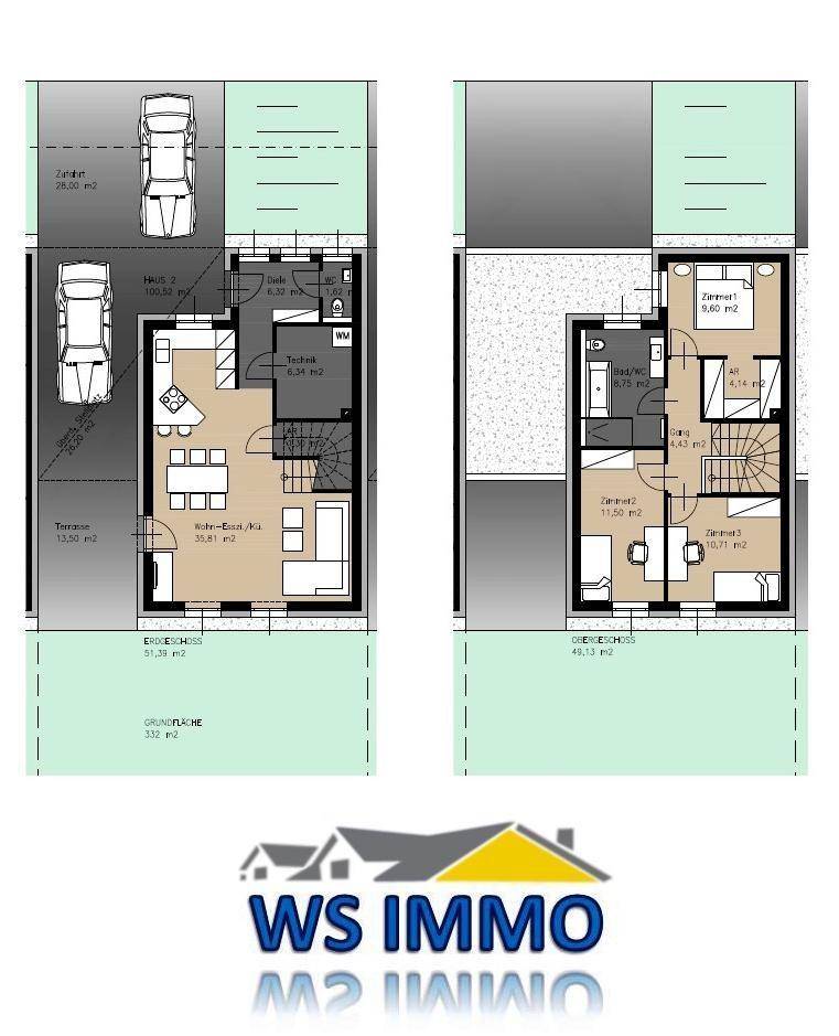 Grundrisspläne für Erdgeschoss und Obergeschoss mit offener Wohnküche und Terrasse.
