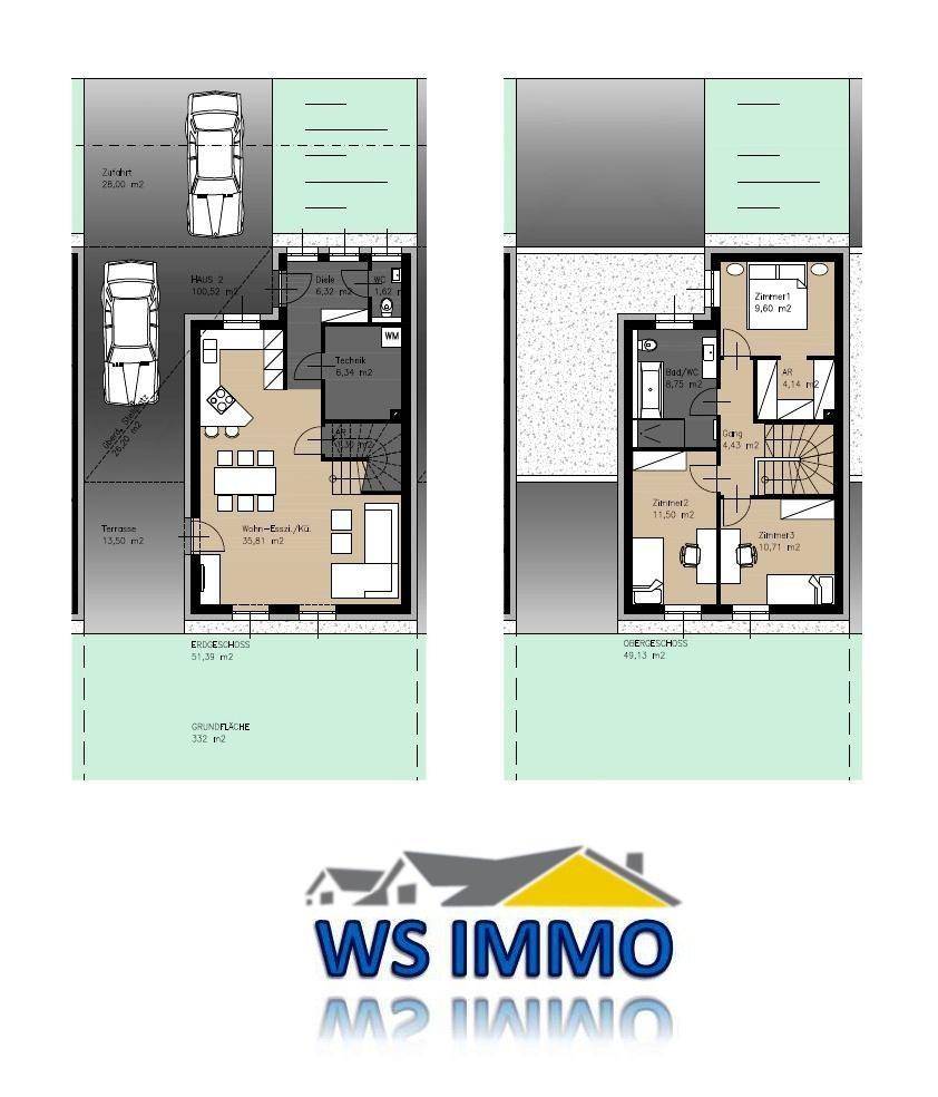 Grundrissplan eines Hauses über zwei Etagen mit Stellplätzen und Terrassenbereich.