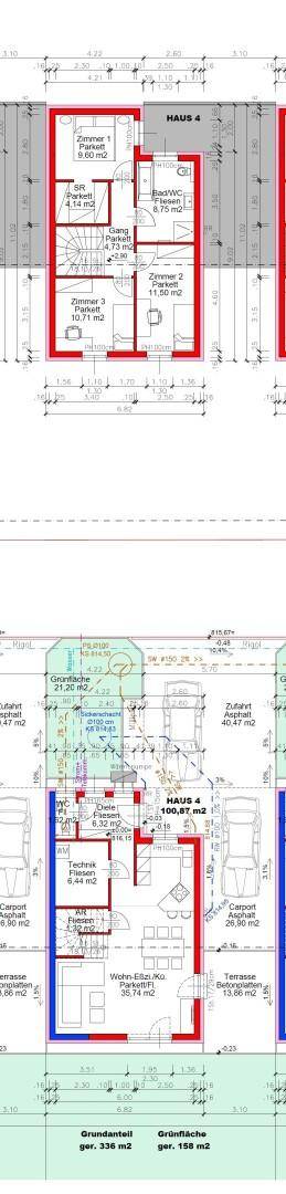Detaillierter Grundrissplan für mehrere Reihenhäuser mit Carports und Gartenbereichen.