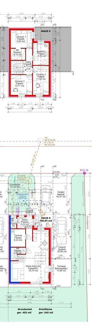 Detaillierter Grundrissplan mit Raumaufteilung, Terrasse und Stellplätzen.