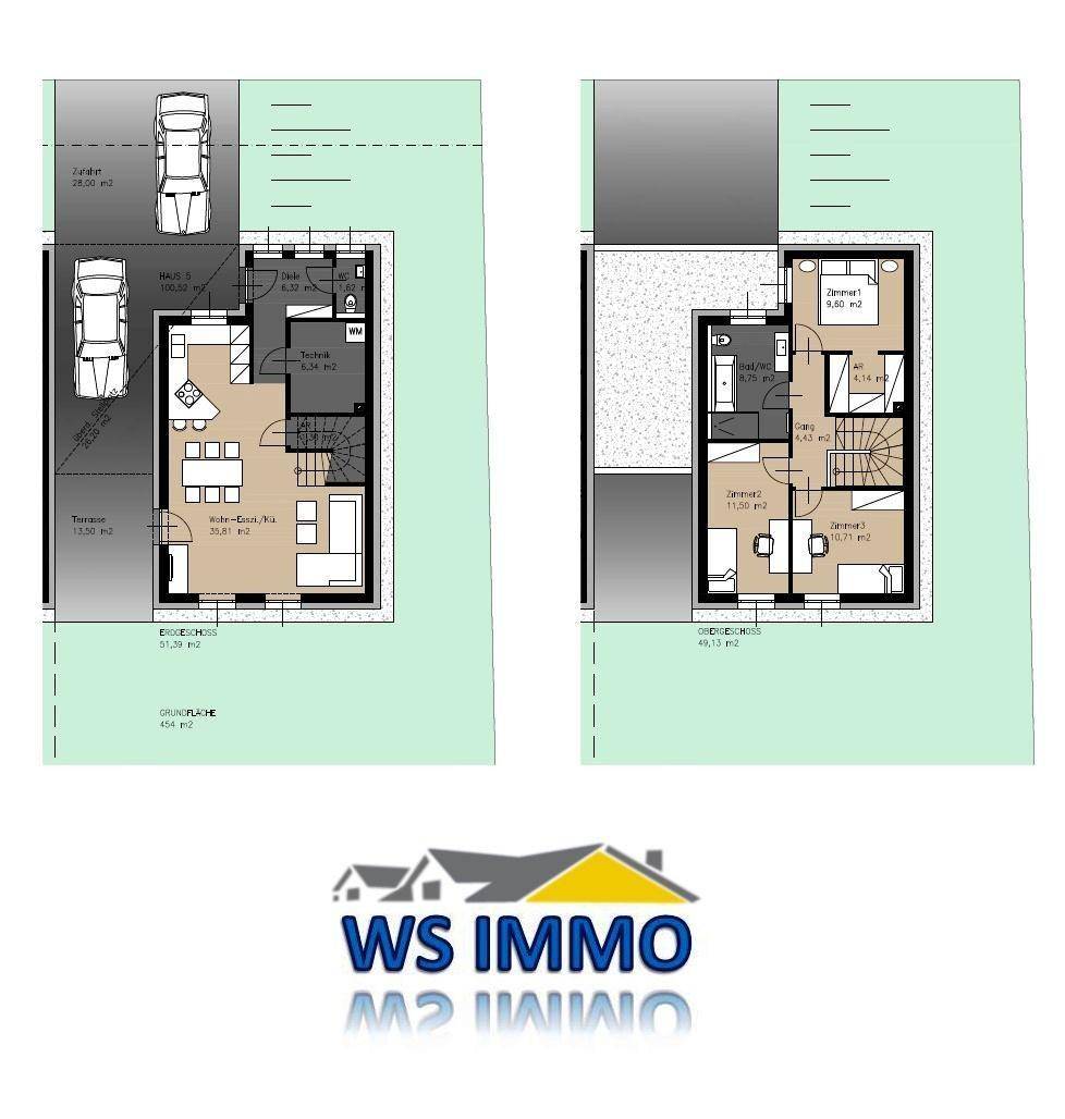 Grundrisspläne zeigen die Aufteilung eines Hauses mit offenem Wohnbereich und Terrasse.